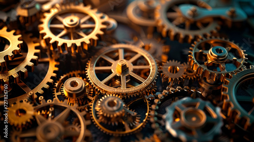 Close up view of various gears and cogwheels. Vintage gears macro view.