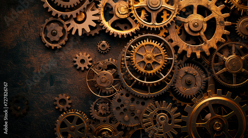 Close up view of various gears and cogwheels. Aged mechanical wheels background.
