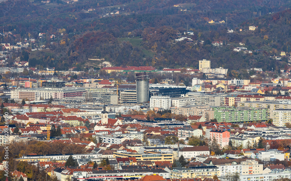 City view of Graz in Austria with the new Smart City district