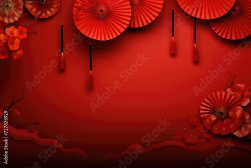 Chinese new year banner for product demonstration. Red pedestal or podium with folding fans, cloud and lanterns on red background. © Yliya