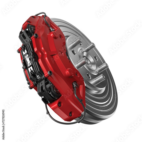 Braking system. Car brake disk with caliper isolated on white background. 3d illustration.