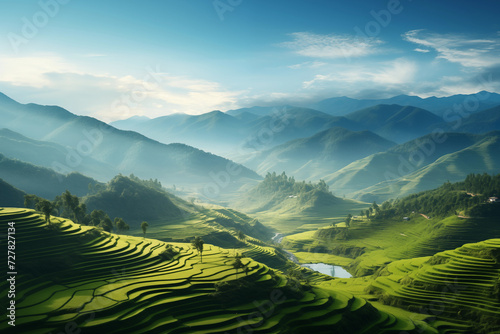 Sun rays piercing through the peaks onto the lush terraced rice paddies in a majestic mountainous landscape during early morning.