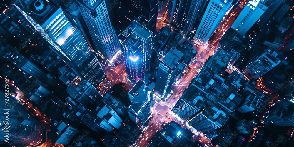 Aerial night view of a bustling cityscape with illuminated streets and skyscrapers. vibrant urban photography. perfect for backgrounds and wallpapers. AI