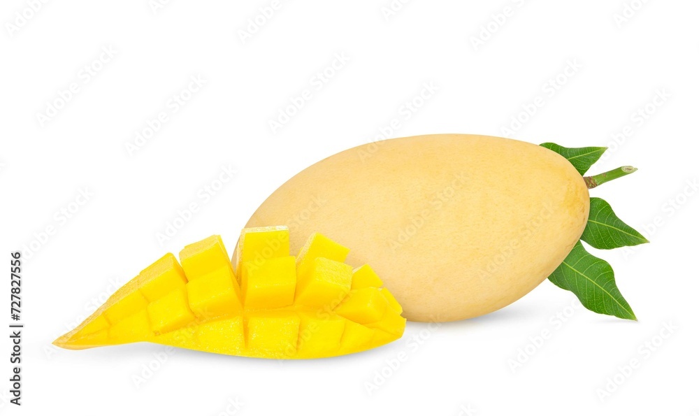 Mango fruits with slices and leaves isolated on white background. Mango fruits with slices and leaves isolated on white background.