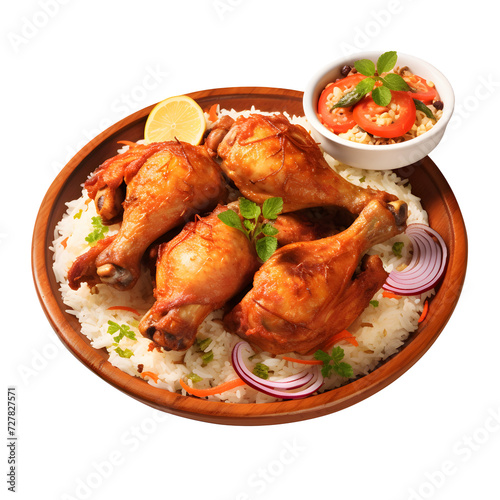 Chicken biryani , kerala style chicken dhum biriyani made using jeera rice and spices arranged in a white ceramic png background, isolated