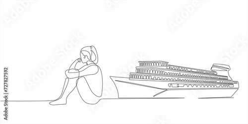 continuous line sad woman wants to buy a ship