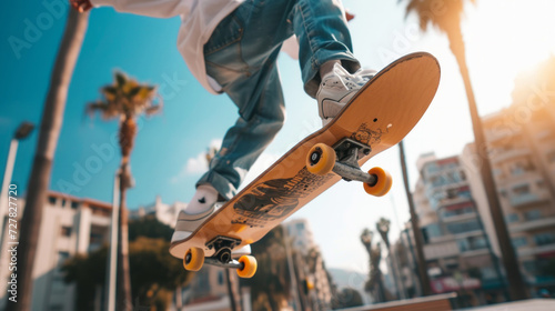 Skateboarder skateboarding. Skateboarder Flying. skateboarder young teenager. Skateboarder doing a skateboard trick. Fitness, freedom and man do action skills, jumping and cool movement for sport.