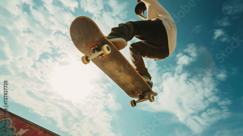 Skateboarder skateboarding. Skateboarder Flying. skateboarder young teenager. Skateboarder doing a skateboard trick. Fitness, freedom and man do action skills, jumping and cool movement for sport. photo