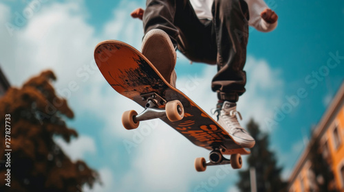 Skateboarder skateboarding. Skateboarder Flying. skateboarder young teenager. Skateboarder doing a skateboard trick. Fitness, freedom and man do action skills, jumping and cool movement for sport. photo