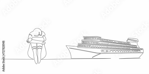 continuous line sad woman wants to buy a ship