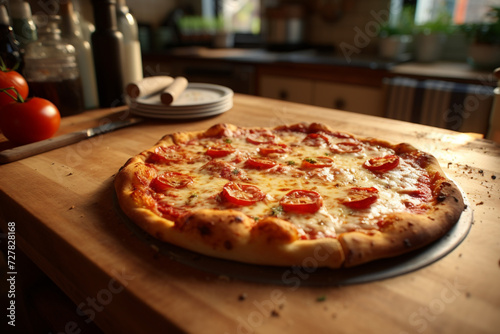 Delicious pizza on kitchen table