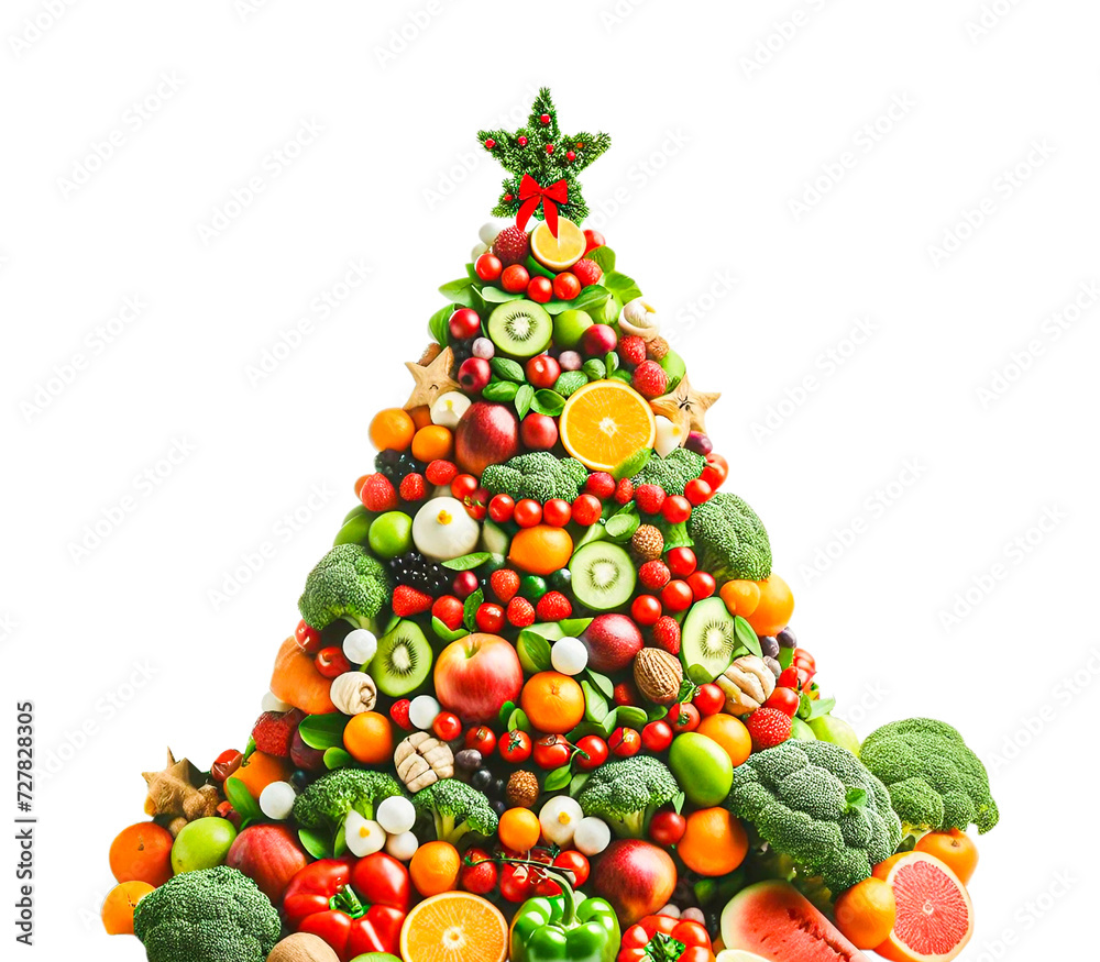 Healthy food shaped as a Christmas tree made of fruit and vegetables with Transparent background