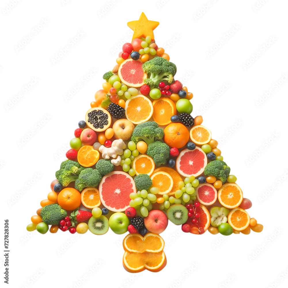 Healthy food shaped as a Christmas tree made of fruit and vegetables with Transparent background Healthy food shaped as a Christmas tree made of fruit and vegetables with Transparent background