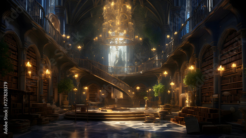 Fantasy library in cozy cathedral environment © Bella