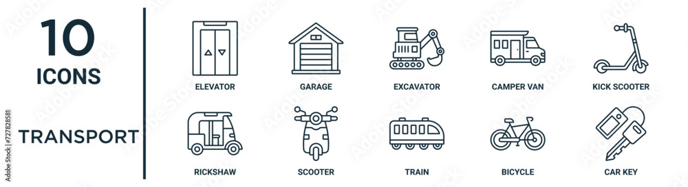 transport outline icon set such as thin line elevator, excavator, kick ...