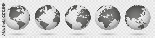 Earth set 3D globes with world maps, set Earth globe hemispheres with continents, world maps with shadow on transparent background, view from different positions