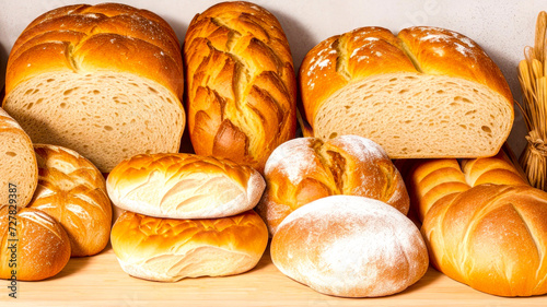 Assortment of baked bread. Loaf of bread with golden crispy crust. Texture bread