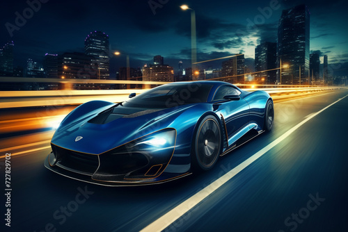 electric sports car riding on highway road at dark against the background of the city. Fast moving supercar. 3d illustration