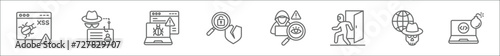outline set of hacker activity line icons. linear vector icons such as scripting, identity theft, adware, vulnerability, stalking, backdoor, dark web, bomb