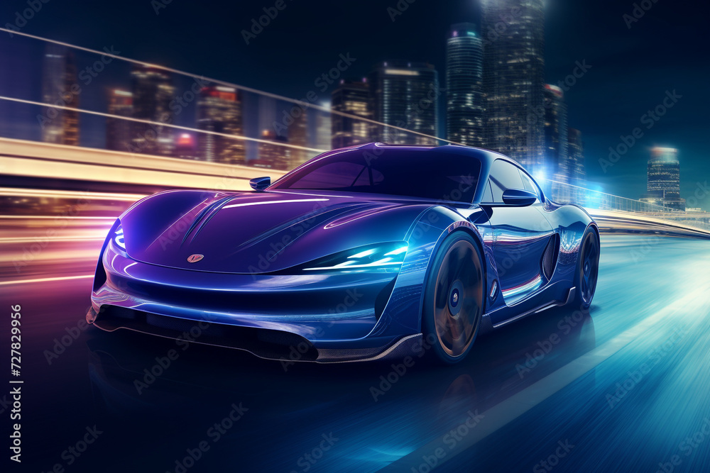 Naklejka premium electric sports car riding on highway road at dark against the background of the city. Fast moving supercar. 3d illustration