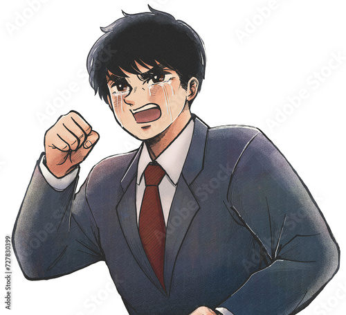 昭和の劇画漫画風・拳を握って号泣する転職活動中の男性