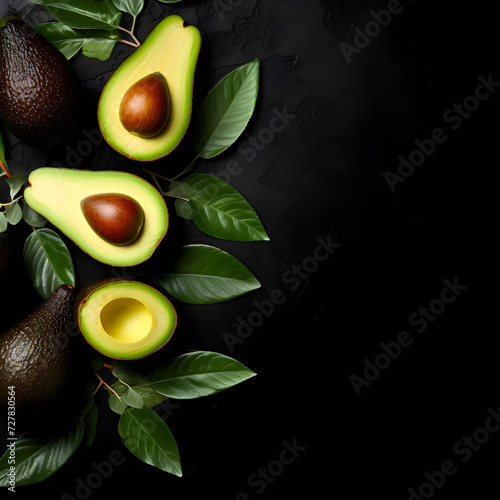 Fresh avocado with leaves on a black background