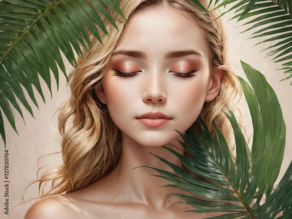 beautiful blond girl with closed eyes in palm leaves. cosmetic concept beautiful blond girl with closed eyes in palm leaves. cosmetic concept