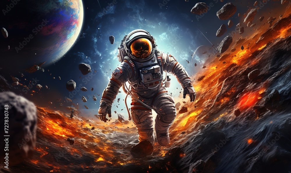 an astronaut is floating in outer space with a space background an astronaut is floating in outer space with a space background