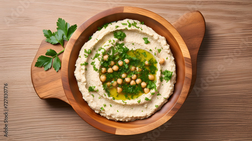  Hummus dip with chickpea, and parsley in wooden plate. Generative AI.