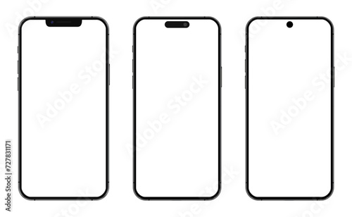 Smartphone mockup set with blank white screen, detailed mobile phone mockups, black models smartphone template front view, model 3D mobile phone, ui, ux, cellphone frame - vector