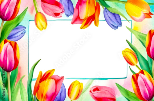 Multicolored tulips with copy space for text. Valentine s Day  Easter  Birthday  Women s Day  Mother s Day. Flat lay  top view
