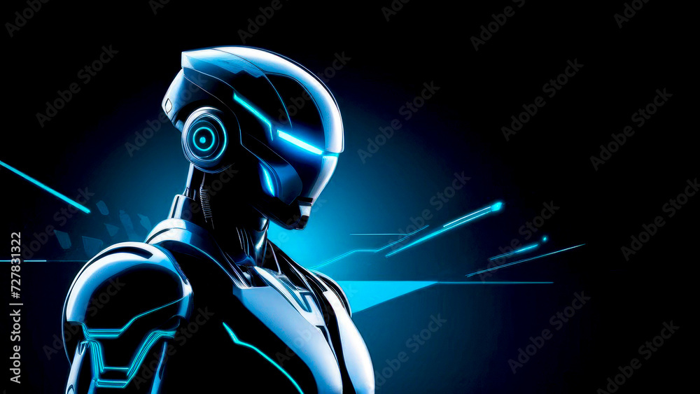 Banner with Robot man on black background with copy space for text. Futuristic robot man or humanoid cyborg, side view