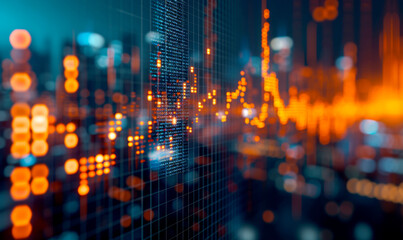 Abstract background with code. A futuristic vision of financial market analysis, with glowing neon graphs and data superimposed over a circuit board backdrop