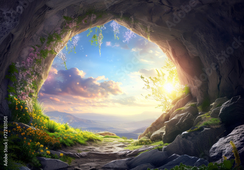 Majestic Cave Opening to a Sunrise Sky. New beginnings and nature's beauty concept.