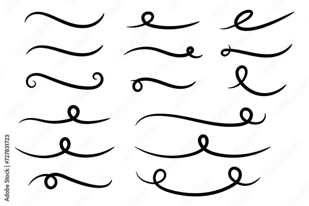 Underline text. Hand drawn collection of curly swishes, swashes, swoops. Calligraphy swirl. Highlight text elements. Underline text. Hand drawn collection of curly swishes, swashes, swoops. Calligraphy swirl. Highlight text elements.