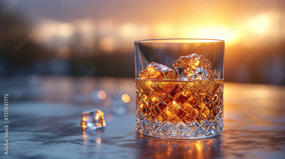 Abendsonne im Whiskyglas: Genussvoller Moment in goldener Stimmung - obrazy, fototapety, plakaty 