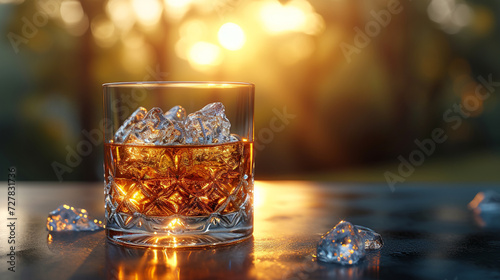Sonnenuntergang mit Whisky – Ein edler Tropfen in kristallklarem Glas, umspielt von schimmernden Eiswürfeln und dem warmen Licht der Abendsonne photo