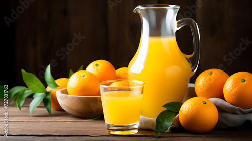 Fresh orange juice in a glass and jug with oranges