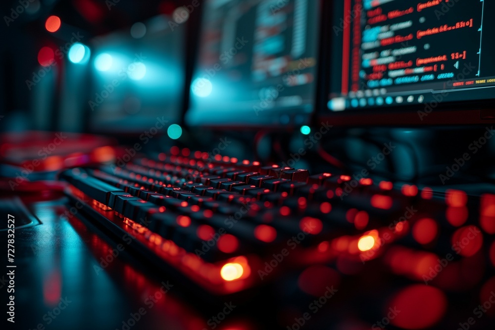 A mechanical keyboard with red backlighting in the foreground and computer monitors with lines of code in the background. 