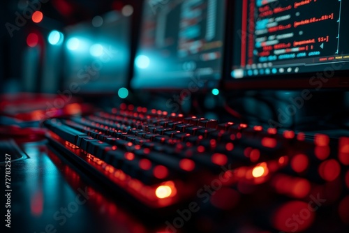 A mechanical keyboard with red backlighting in the foreground and computer monitors with lines of code in the background. 