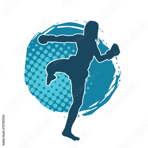 Silhouette of a female kickboxer athlete in action pose. Silhouette of a sporty woman doing kicking pose.