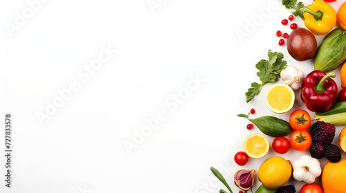 Fruits and vegetables isolated on white. Free space