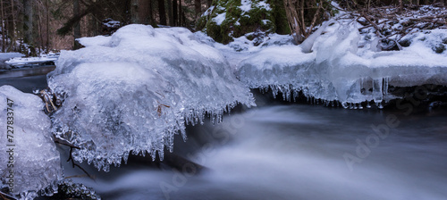 Icicles on frozen stream, long exposure water flow