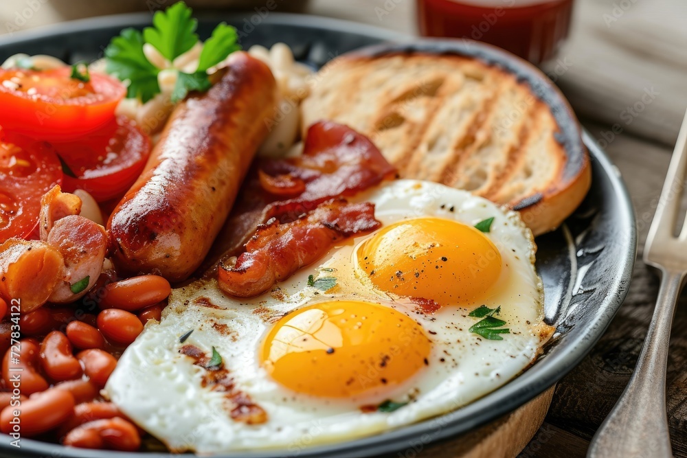 A classic English breakfast with fried eggs, sausages, baked beans, and grilled tomatoes A classic English breakfast with fried eggs, sausages, baked beans, and grilled tomatoes
