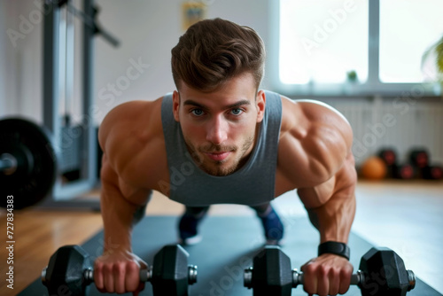 A muscular man performing dumbbell push-ups