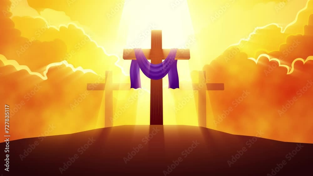 Biblical motion graphic series, wooden cross with purple sash on the hill with dramatic clouds background, for Good Friday, resurrection, easter, Ash Wednesday, christianity theme