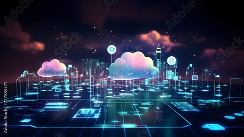 a futuristic city with glowing lights and clouds