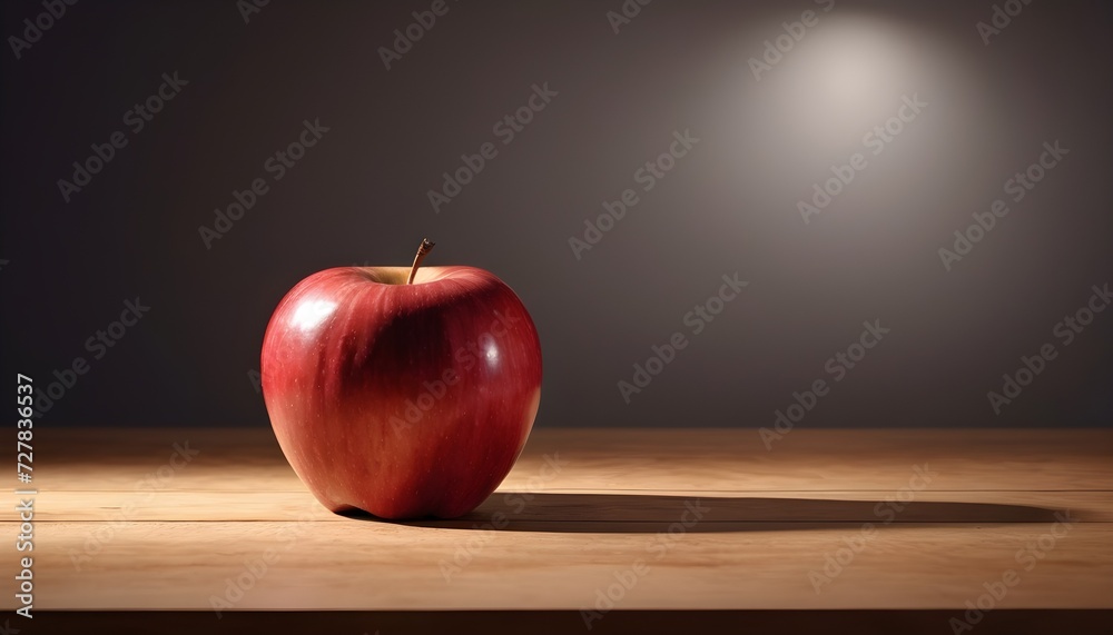 red apple on wooden table macro, studio spotlight from left red apple on wooden table macro, studio spotlight from left