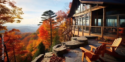 Rustoic rural modern house hotel cabin in the mountains in fall season. Nature outdooe background photo