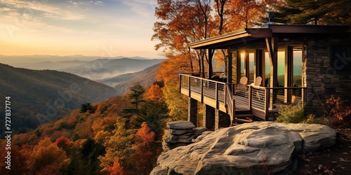 Rustoic rural modern house hotel cabin in the mountains in fall season. Nature outdooe background photo